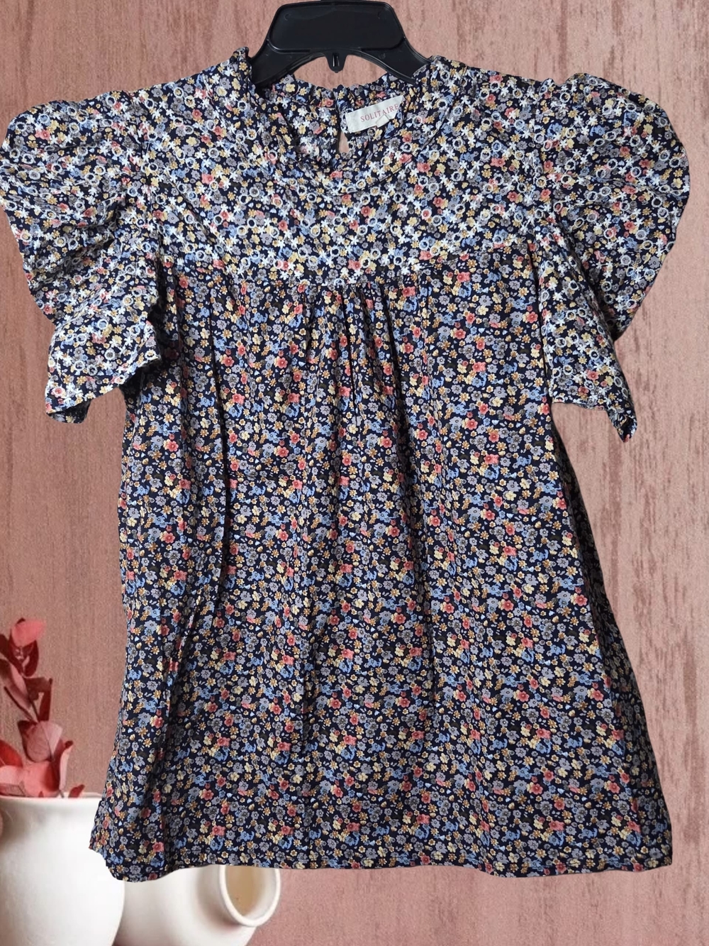 Solitaire Navy Floral Smocked Puff-Sleeve Top